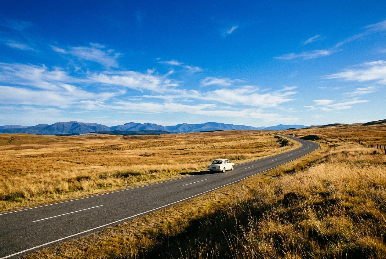 Illustrated open country road curving through golden grassland beneath a blue sky